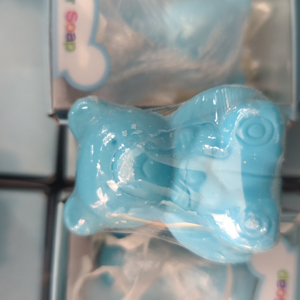 Blue Bear Soap Wrapped Party Favors in Box with Shredded Paper